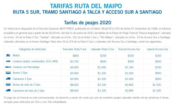 Tarifas por ruta maipo puente alto