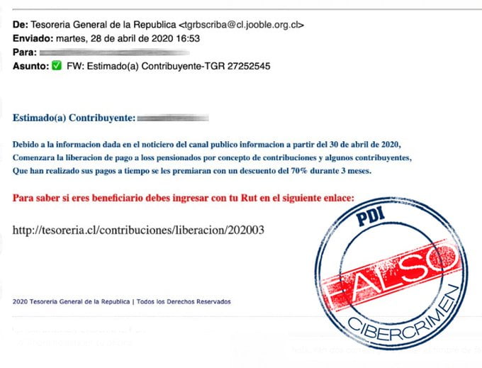 Imagen de correo electrónico fraudulento