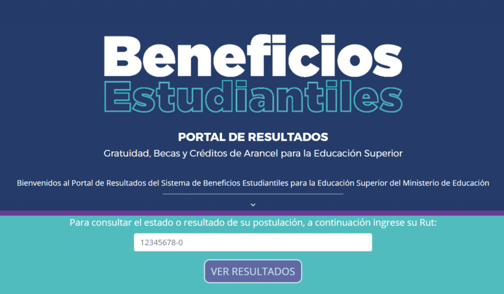 Captura de pantalla de la página de resultados de los beneficios estudiantiles para educación superior