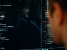 Foto de persona mirando la pantalla de un computador con códigos