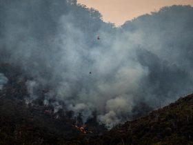 Foto de helicóptero depositando agua en incendio forestal