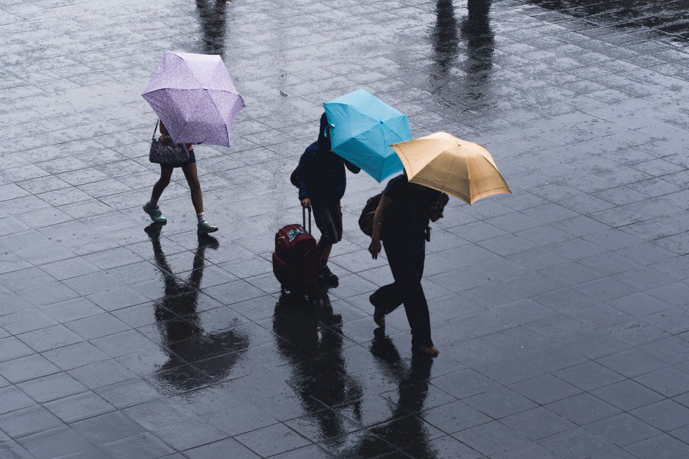 Foto de personas caminando con paraguas bajo la lluvia