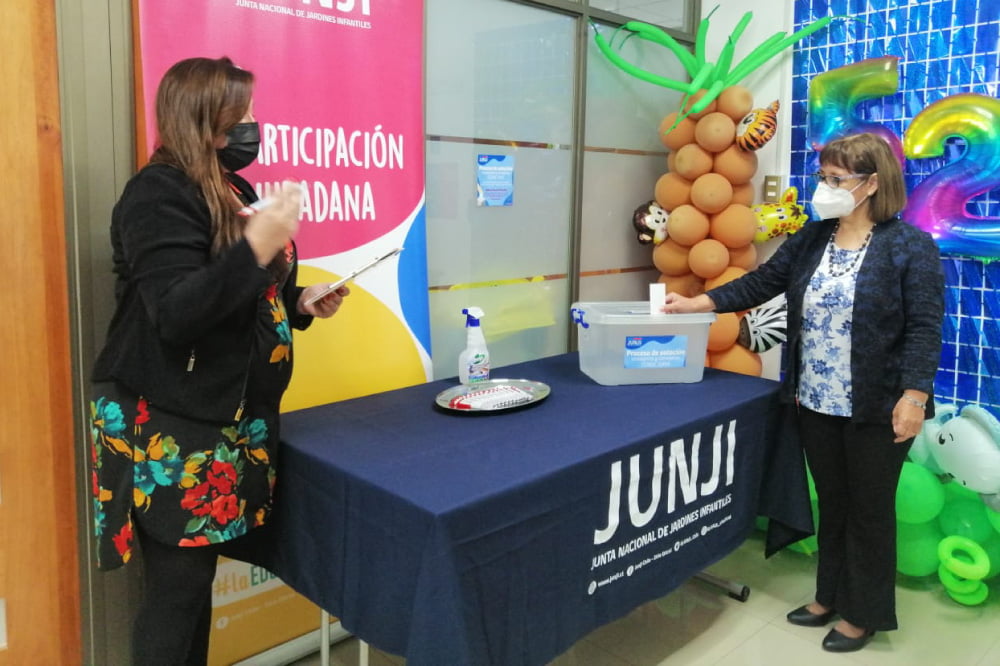 Foto de personas frente a urna de elecciones en JUNJI
